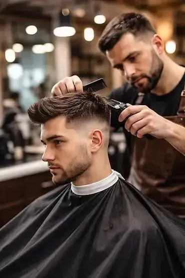 Barbero terminando un fade con peineta y máquina